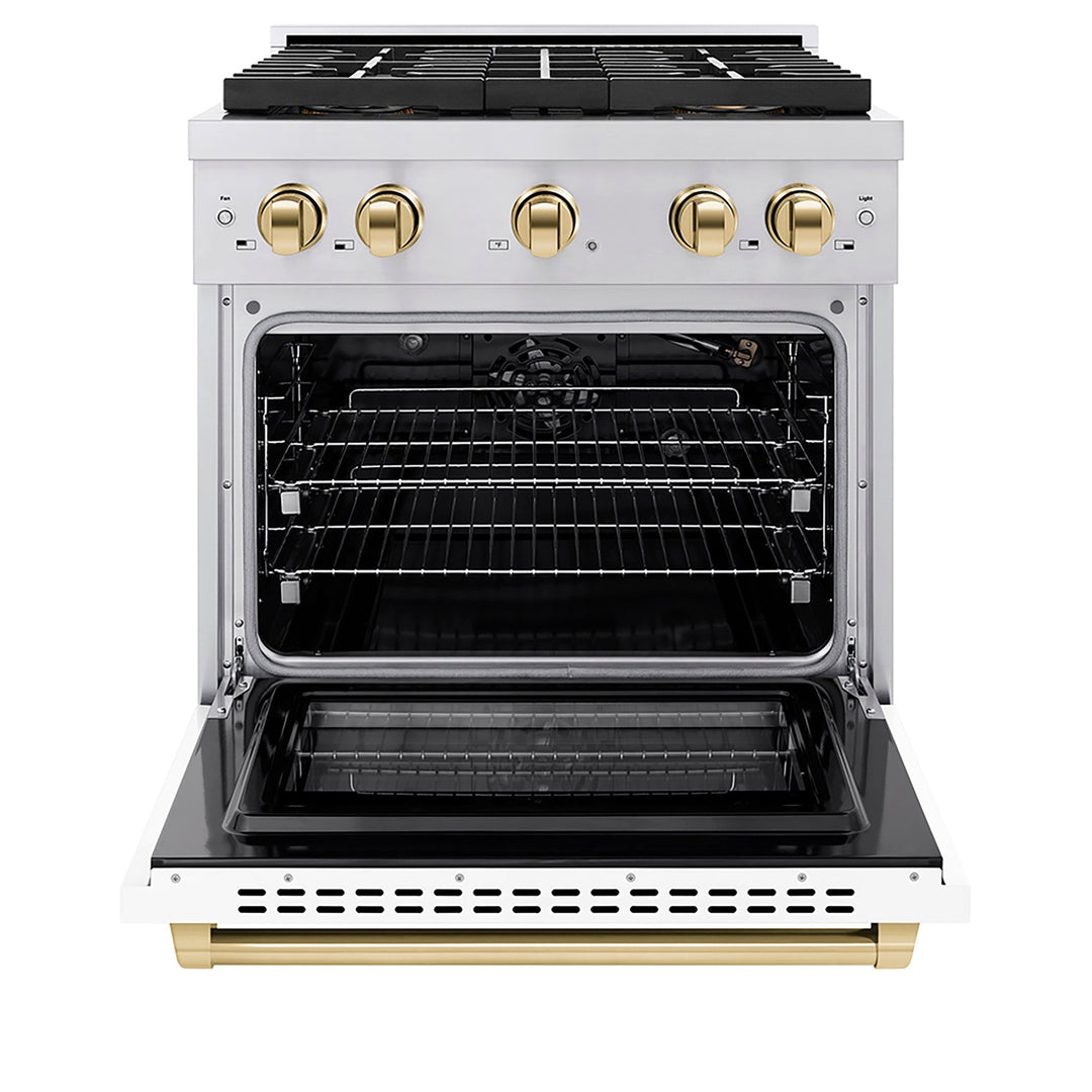 ZLINE Autograph Edition 30 in. 4.2 cu. ft. Paramount Gas Range with 4 Burner DuoProâ„¢ Cooktop and Convection Gas Oven in Stainless Steel with White Matte Door and Polished Gold Accents (PSGRZ-WM-30-G)