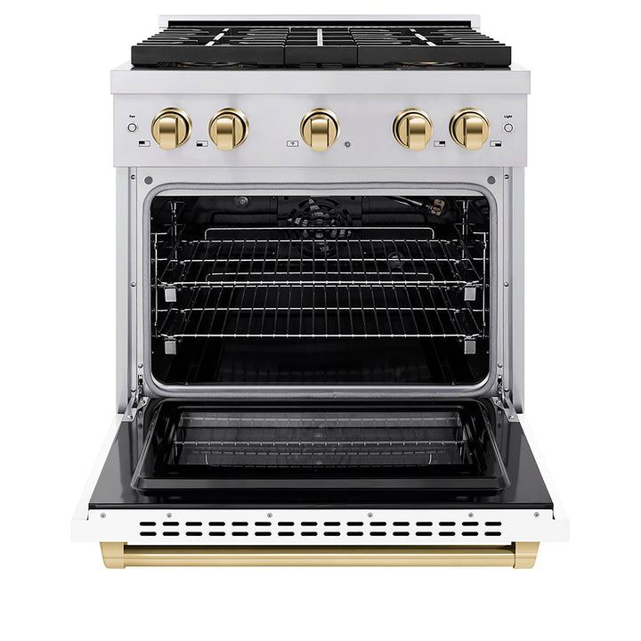ZLINE Autograph Edition 30 in. 4.2 cu. ft. Paramount Gas Range with 4 Burner DuoProâ„¢ Cooktop and Convection Gas Oven in Stainless Steel with White Matte Door and Polished Gold Accents (PSGRZ-WM-30-G)