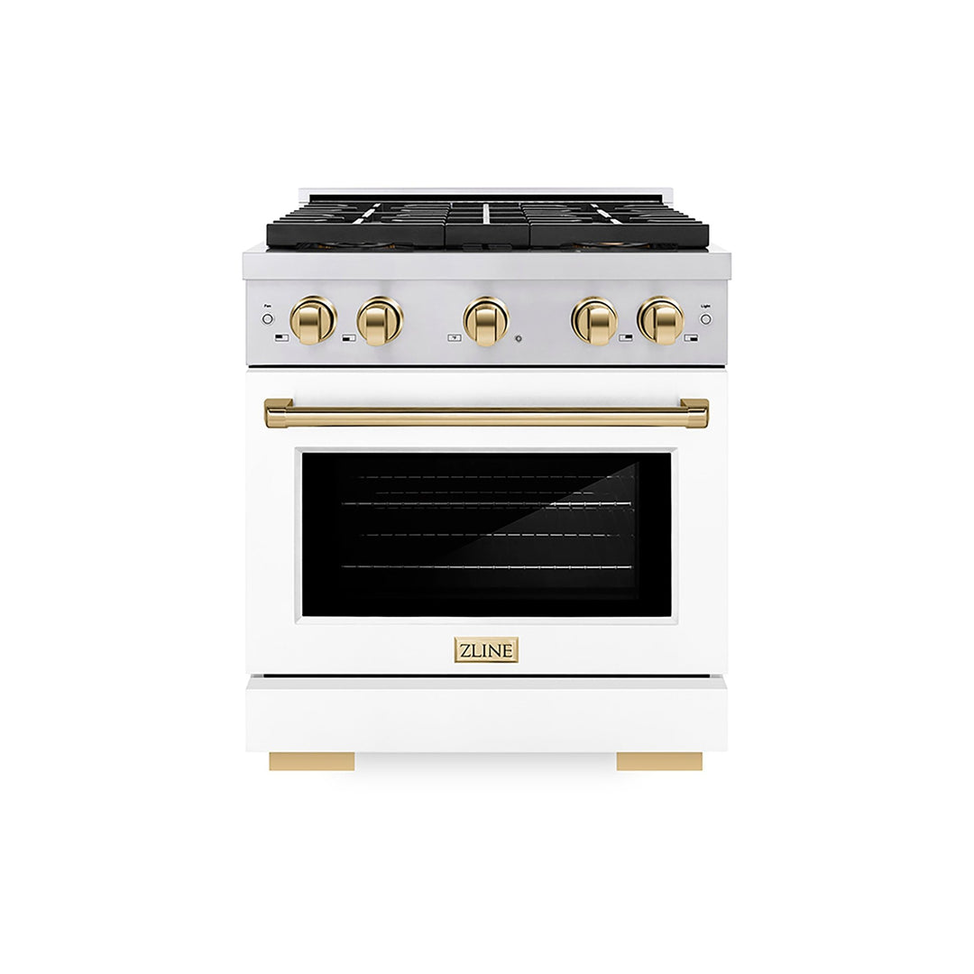 ZLINE Autograph Edition 30 in. 4.2 cu. ft. Paramount Gas Range with 4 Burner DuoProâ„¢ Cooktop and Convection Gas Oven in Stainless Steel with White Matte Door and Polished Gold Accents (PSGRZ-WM-30-G)