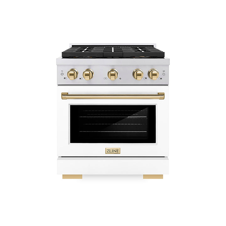 ZLINE Autograph Edition 30 in. 4.2 cu. ft. Paramount Gas Range with 4 Burner DuoProâ„¢ Cooktop and Convection Gas Oven in Stainless Steel with White Matte Door and Polished Gold Accents (PSGRZ-WM-30-G)
