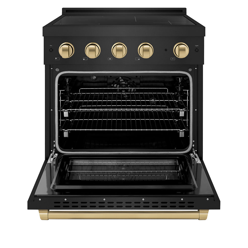 ZLINE Autograph Edition 30 in. 4.2 cu. ft. Paramount Induction Range with 4 Element Cooktop and Electric Convection Oven in Black Stainless Steel with Champagne Bronze Accents (SINRBZ-30-CB)