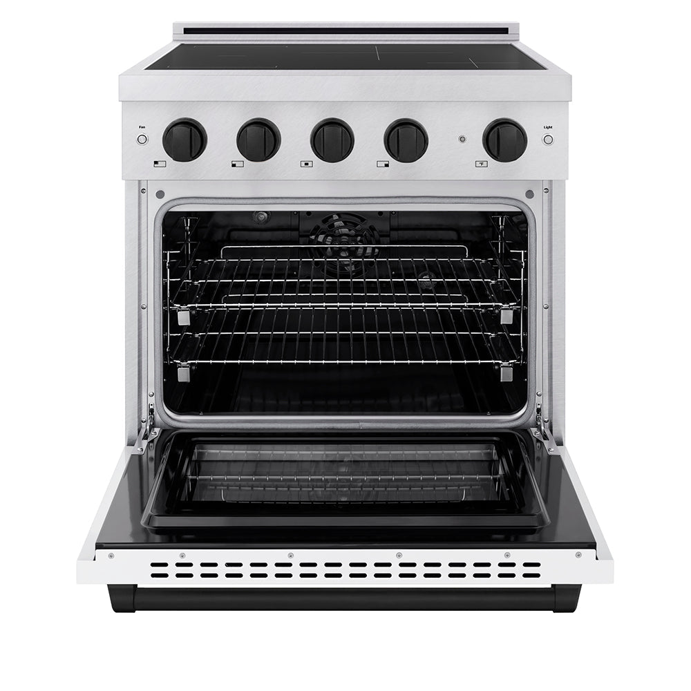ZLINE Autograph Edition 30 in. 4.2 cu. ft. Paramount Induction Range with 4 Element Cooktop and Electric Convection Oven in Satin Stainless Steel with White Matte Door and Matte Black Accents (SINRSZ-WM-30-MB)
