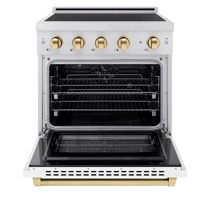 ZLINE Autograph Edition 30 in. 4.2 cu. ft. Paramount Induction Range with 4 Element Cooktop and Electric Convection Oven in Stainless Steel with White Matte Door and Polished Gold Accents (SINRZ-WM-30-G)
