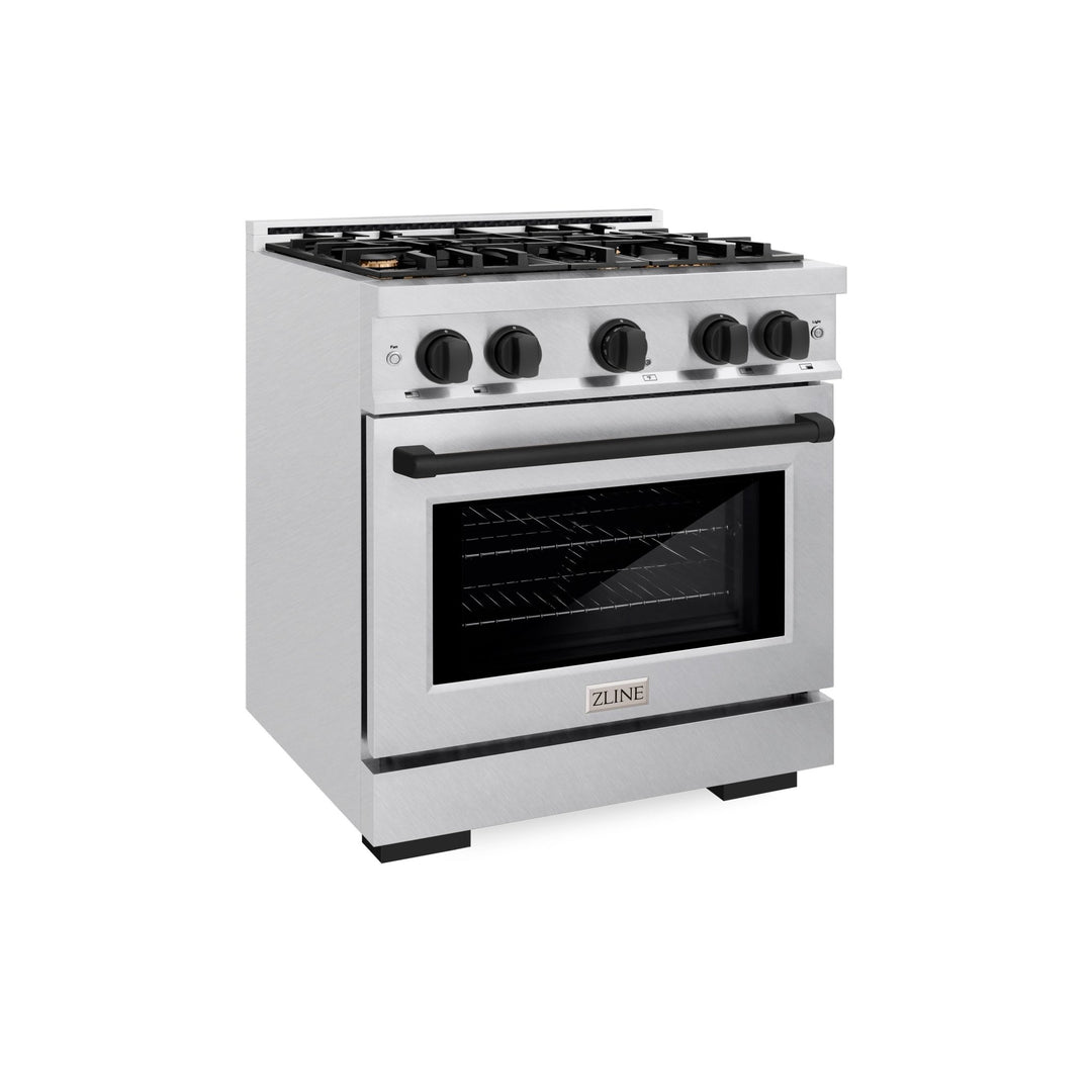 ZLINE Autograph Edition 30 in. 4.2 cu. ft. Select Dual Fuel Range with 4 Burner Gas Cooktop and Electric Convection Oven in Satin Stainless Steel with Matte Black Accents (HDRSZ-30-MB)
