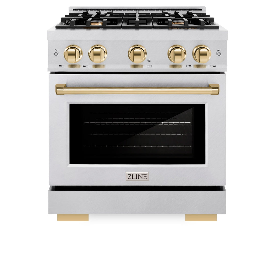 ZLINE Autograph Edition 30 in. 4.2 cu. ft. Select Dual Fuel Range with 4 Burner Gas Cooktop and Electric Convection Oven in Satin Stainless Steel with Polished Gold Accents (HDRSZ-30-G)