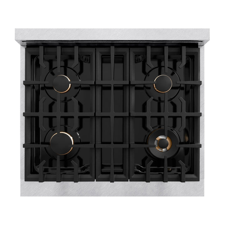 ZLINE Autograph Edition 30 in. 4.2 cu. ft. Select Dual Fuel Range with 4 Burner Gas Cooktop and Electric Convection Oven in Satin Stainless Steel with White Matte Door and Polished Gold Accents (HDRSZ-WM-30-G)