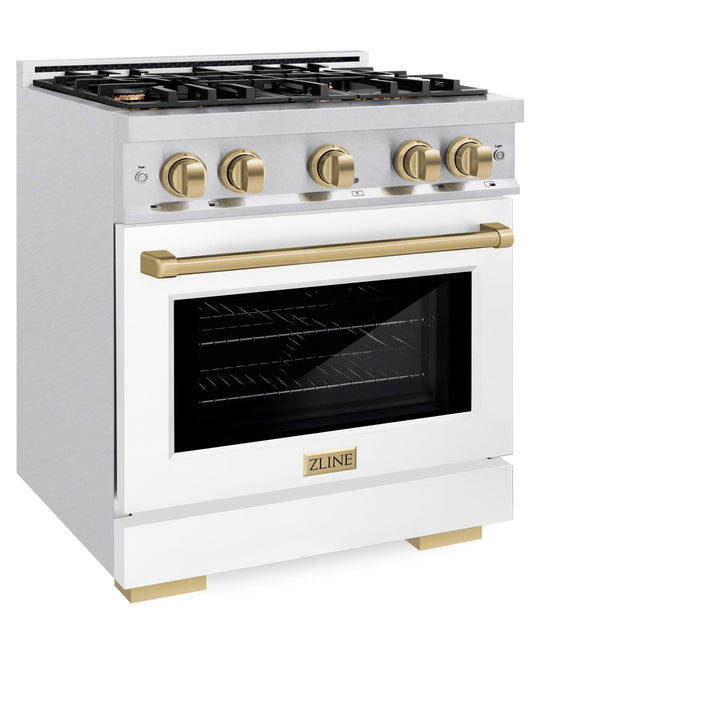 ZLINE Autograph Edition 30 in. 4.2 cu. ft. Select Dual Fuel Range with 4 Burner Gas Cooktop and Electric Convection Oven in Satin Stainless Steel with White Matte Door and Champagne Bronze Accents (HDRSZ-WM-30-CB)