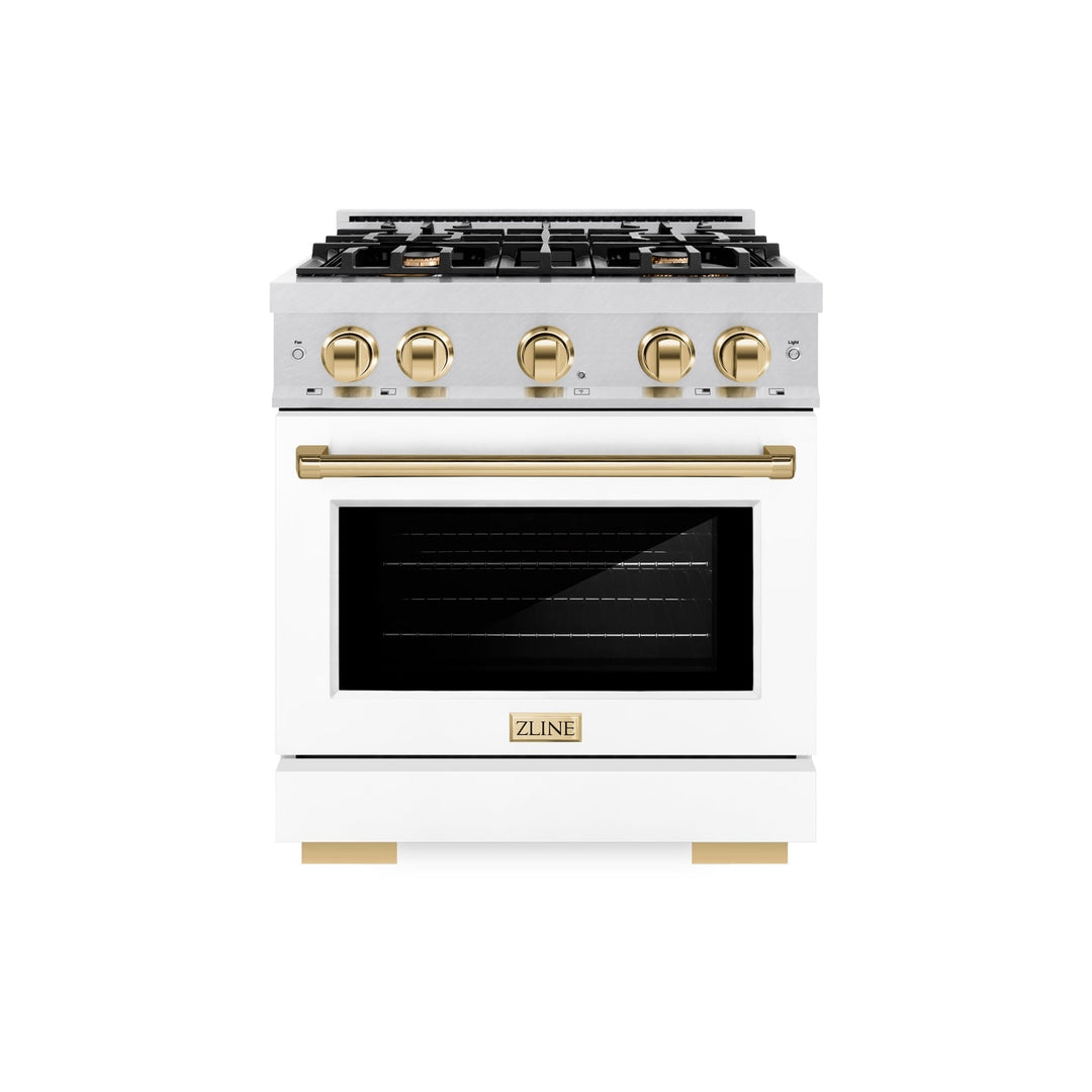 ZLINE Autograph Edition 30 in. 4.2 cu. ft. Select Dual Fuel Range with 4 Burner Gas Cooktop and Electric Convection Oven in Satin Stainless Steel with White Matte Door and Polished Gold Accents (HDRSZ-WM-30-G)