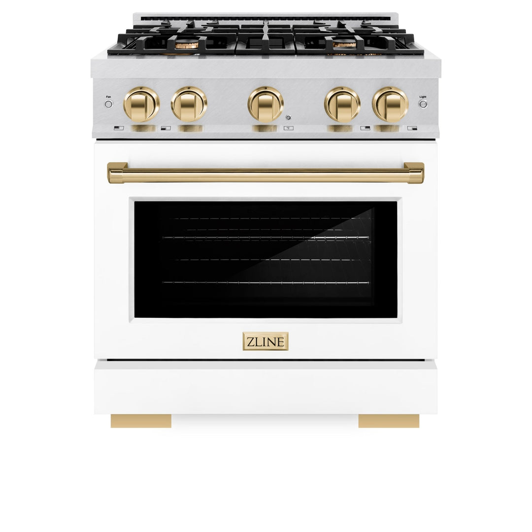 ZLINE Autograph Edition 30 in. 4.2 cu. ft. Select Dual Fuel Range with 4 Burner Gas Cooktop and Electric Convection Oven in Satin Stainless Steel with White Matte Door and Polished Gold Accents (HDRSZ-WM-30-G)