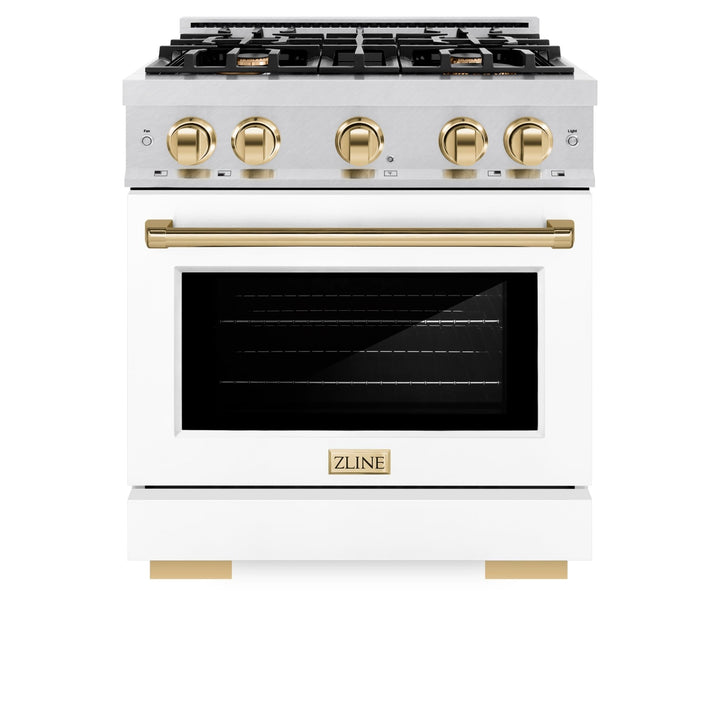 ZLINE Autograph Edition 30 in. 4.2 cu. ft. Select Dual Fuel Range with 4 Burner Gas Cooktop and Electric Convection Oven in Satin Stainless Steel with White Matte Door and Polished Gold Accents (HDRSZ-WM-30-G)