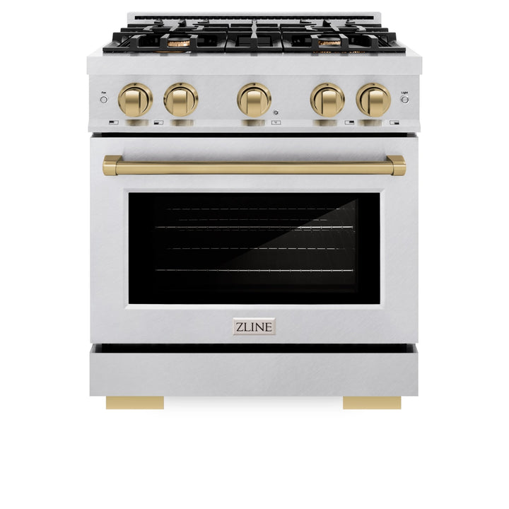 ZLINE Autograph Edition 30 in. 4.2 cu. ft. Select Gas Range with 4 Burner Cooktop and Convection Gas Oven in Satin Stainless Steel and Champagne Bronze Accents (HGRSZ-30-CB)
