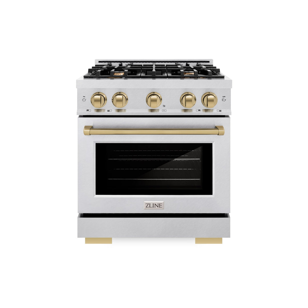 ZLINE Autograph Edition 30 in. 4.2 cu. ft. Select Gas Range with 4 Burner Cooktop and Convection Gas Oven in Satin Stainless Steel and Champagne Bronze Accents (HGRSZ-30-CB)