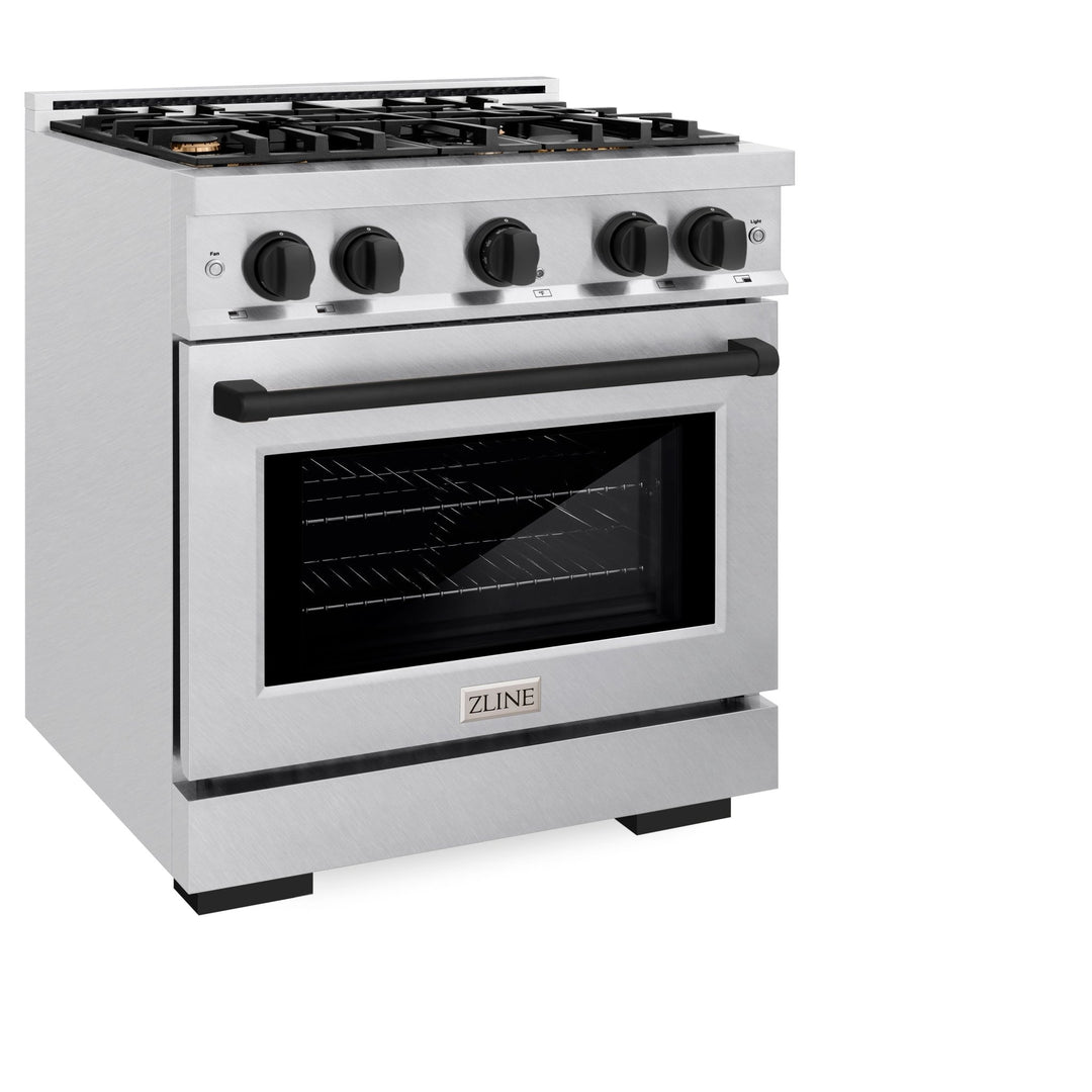 ZLINE Autograph Edition 30 in. 4.2 cu. ft. Select Gas Range with 4 Burner Cooktop and Convection Gas Oven in Satin Stainless Steel and Matte Black Accents (HGRSZ-30-MB)