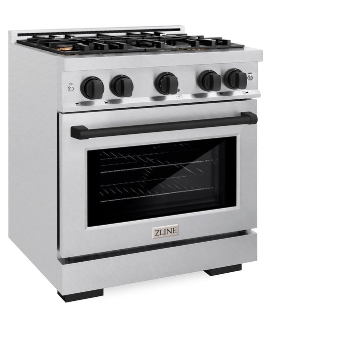 ZLINE Autograph Edition 30 in. 4.2 cu. ft. Select Gas Range with 4 Burner Cooktop and Convection Gas Oven in Satin Stainless Steel and Matte Black Accents (HGRSZ-30-MB)