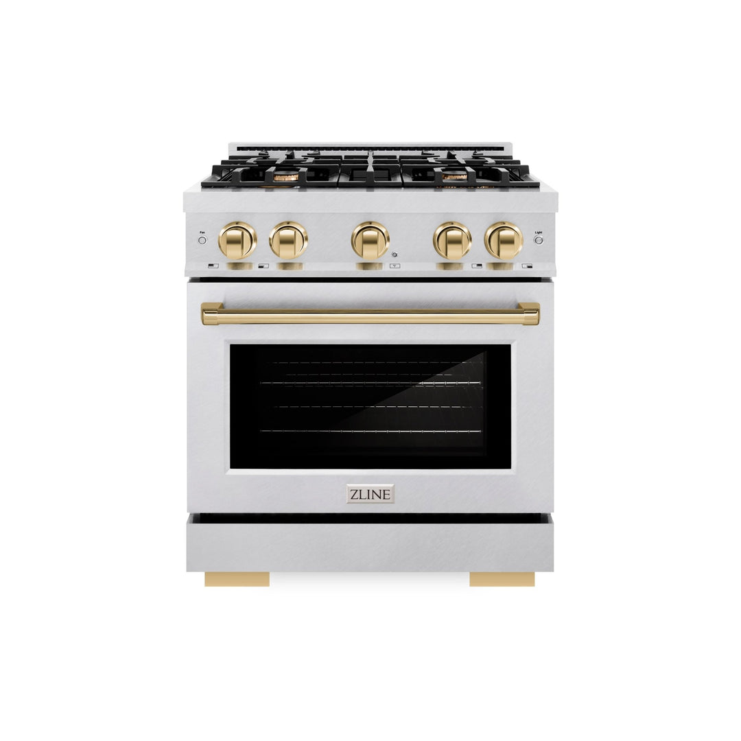 ZLINE Autograph Edition 30 in. 4.2 cu. ft. Select Gas Range with 4 Burner Cooktop and Convection Gas Oven in Satin Stainless Steel and Polished Gold Accents (HGRSZ-30-G)