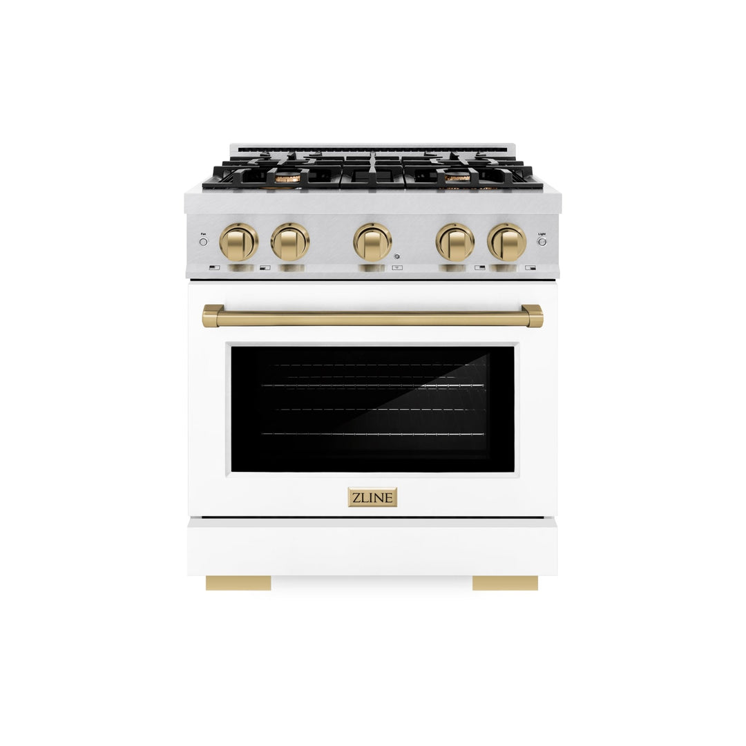 ZLINE Autograph Edition 30 in. 4.2 cu. ft. Select Gas Range with 4 Burner Cooktop and Convection Gas Oven in Satin Stainless Steel with White Matte Door and Champagne Bronze Accents (HGRSZ-WM-30-CB)