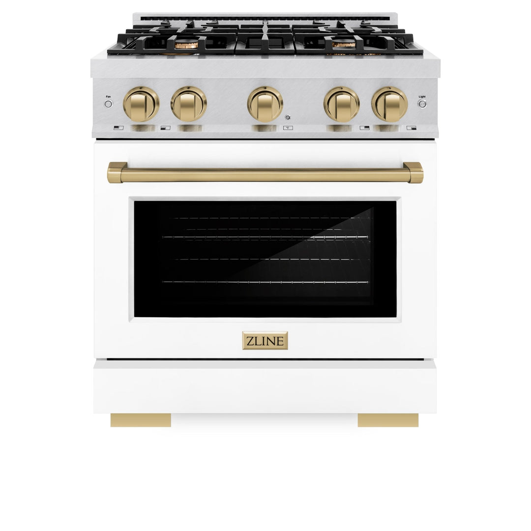 ZLINE Autograph Edition 30 in. 4.2 cu. ft. Select Gas Range with 4 Burner Cooktop and Convection Gas Oven in Satin Stainless Steel with White Matte Door and Champagne Bronze Accents (HGRSZ-WM-30-CB)