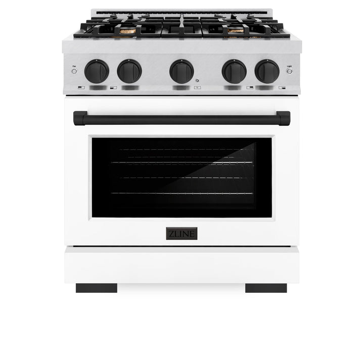 ZLINE Autograph Edition 30 in. 4.2 cu. ft. Select Gas Range with 4 Burner Cooktop and Convection Gas Oven in Satin Stainless Steel with White Matte Door and Matte Black Accents (HGRSZ-WM-30-MB)