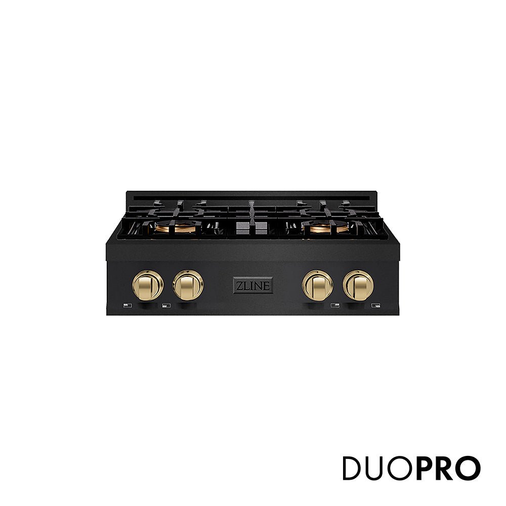 ZLINE Autograph Edition 30 in. Classic Gas Rangetop with 4 Burner DuoProâ„¢ Cooktop in Black Stainless Steel and Champagne Bronze Accents (PCRTBZ-30-CB)