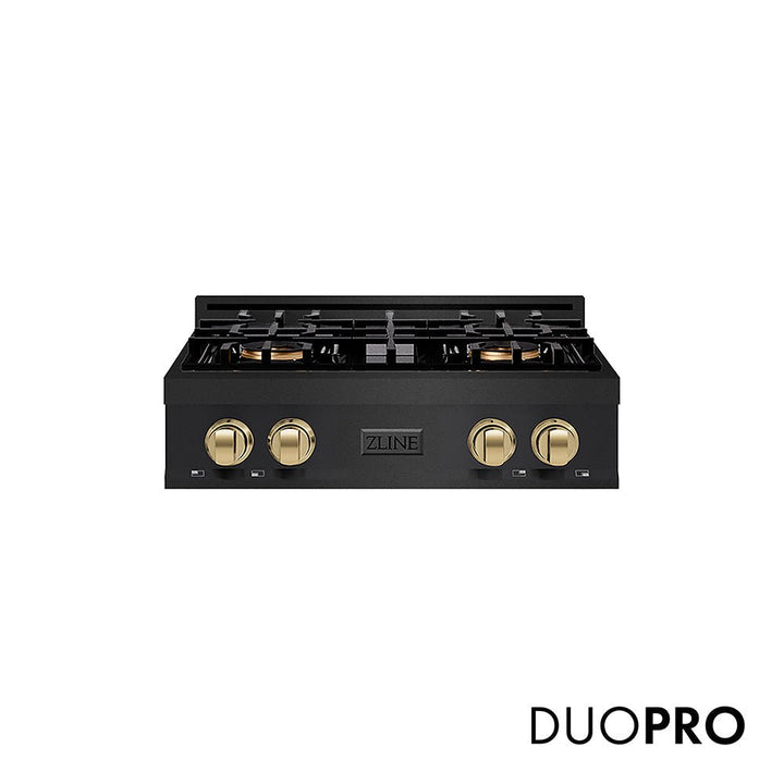 ZLINE Autograph Edition 30 in. Classic Gas Rangetop with 4 Burner DuoProâ„¢ Cooktop in Black Stainless Steel and Champagne Bronze Accents (PCRTBZ-30-CB)
