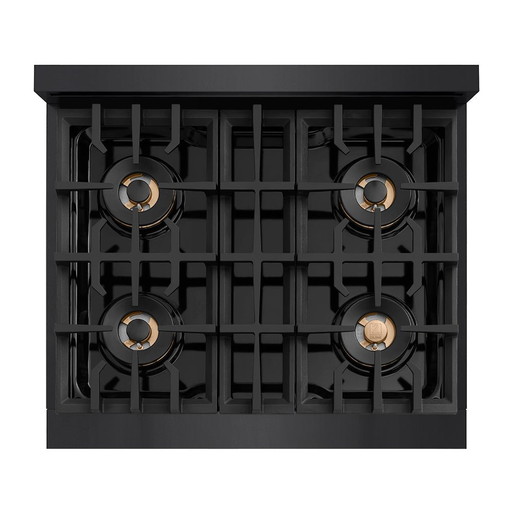 ZLINE Autograph Edition 30 in. Classic Gas Rangetop with 4 Burner DuoProâ„¢ Cooktop in Black Stainless Steel and Champagne Bronze Accents (PCRTBZ-30-CB)