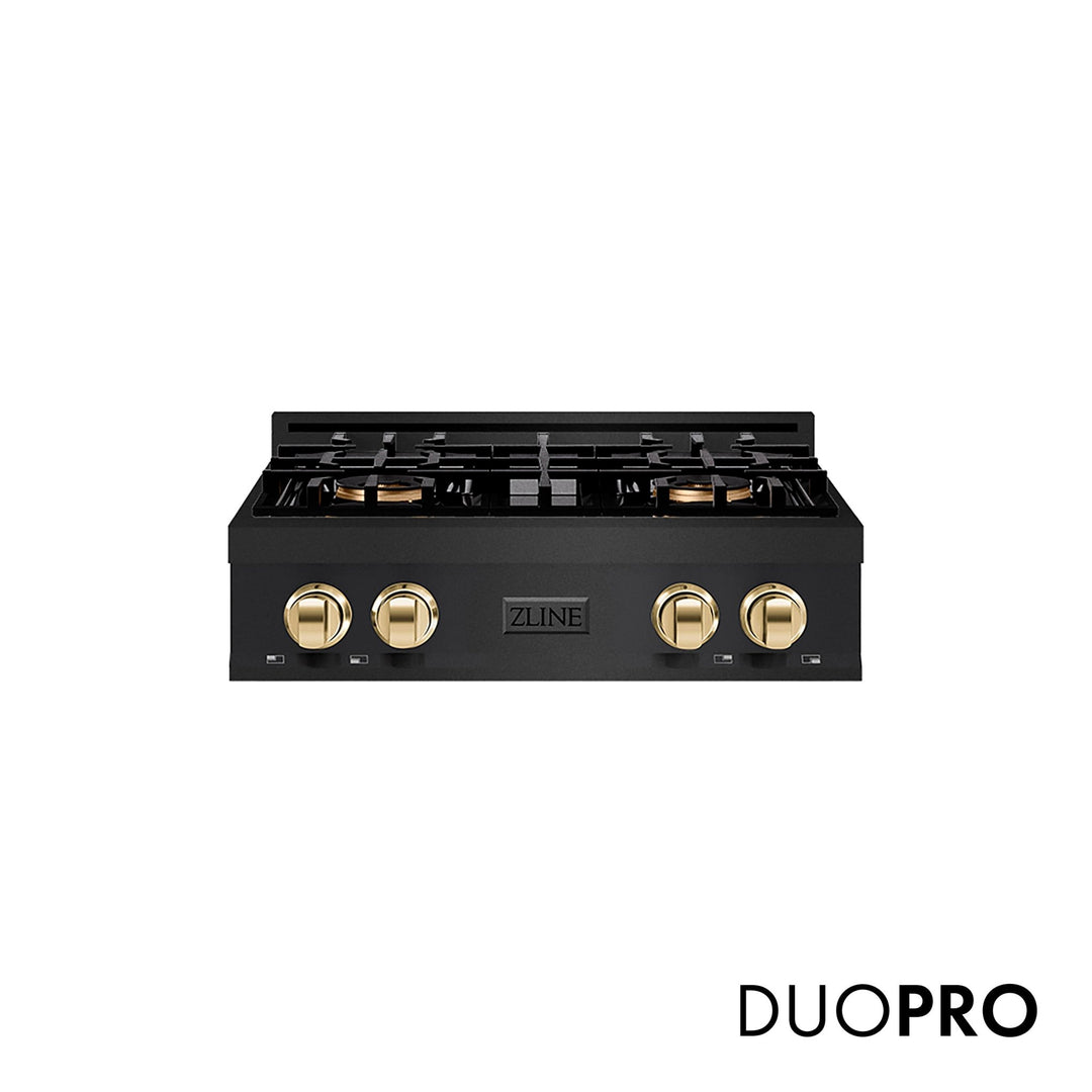 ZLINE Autograph Edition 30 in. Classic Gas Rangetop with 4 Burner DuoProâ„¢ Cooktop in Black Stainless Steel and Polished Gold Accents (PCRTBZ-30-G)