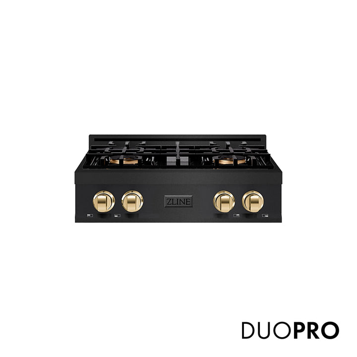 ZLINE Autograph Edition 30 in. Classic Gas Rangetop with 4 Burner DuoProâ„¢ Cooktop in Black Stainless Steel and Polished Gold Accents (PCRTBZ-30-G)