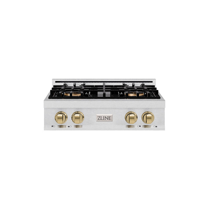 ZLINE Autograph Edition 30 in. Classic Gas Rangetop with 4 Burner DuoProâ„¢ Cooktop in Satin Stainless Steel and Champagne Bronze Accents (PCRTSZ-30-CB)
