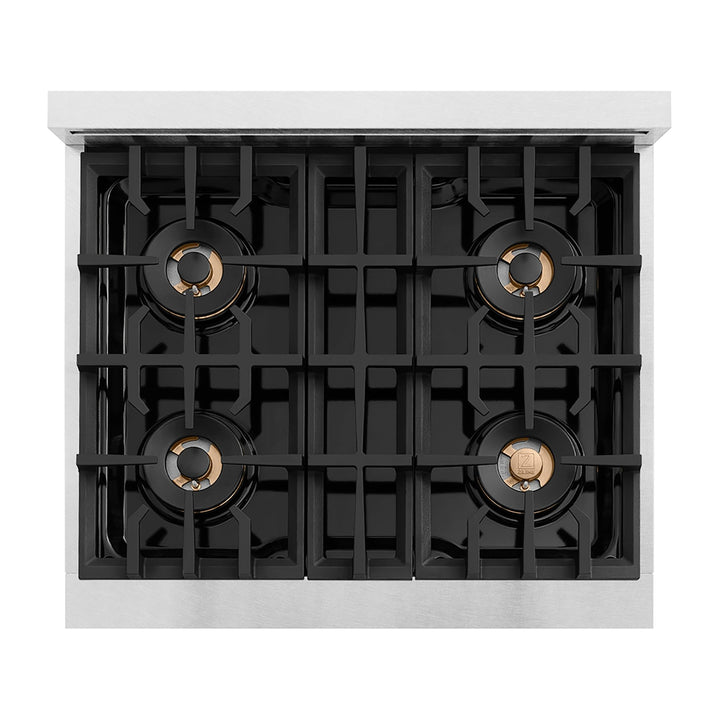ZLINE Autograph Edition 30 in. Classic Gas Rangetop with 4 Burner DuoProâ„¢ Cooktop in Satin Stainless Steel and Matte Black Accents (PCRTSZ-30-MB)
