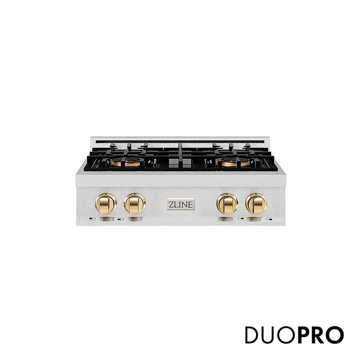 ZLINE Autograph Edition 30 in. Classic Gas Rangetop with 4 Burner DuoProâ„¢ Cooktop in Satin Stainless Steel and Matte Black Accents (PCRTSZ-30-MB)