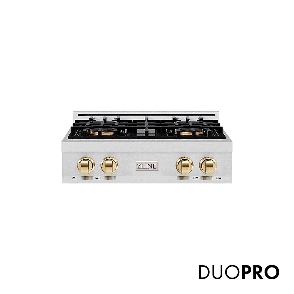 ZLINE Autograph Edition 30 in. Classic Gas Rangetop with 4 Burner DuoProâ„¢ Cooktop in Satin Stainless Steel and Polished Gold Accents (PCRTSZ-30-G)