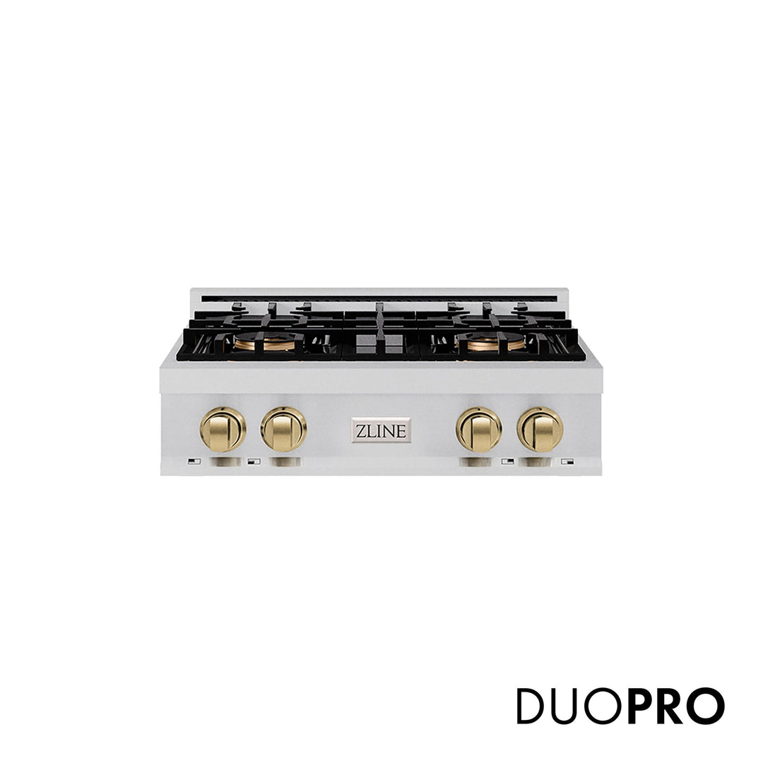 ZLINE Autograph Edition 30 in. Classic Gas Rangetop with 4 Burner DuoProâ„¢ Cooktop in Stainless Steel and Champagne Bronze Accents (PCRTZ-30-CB)