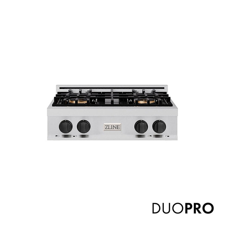 ZLINE Autograph Edition 30 in. Classic Gas Rangetop with 4 Burner DuoProâ„¢ Cooktop in Stainless Steel and Matte Black Accents (PCRTZ-30-MB)