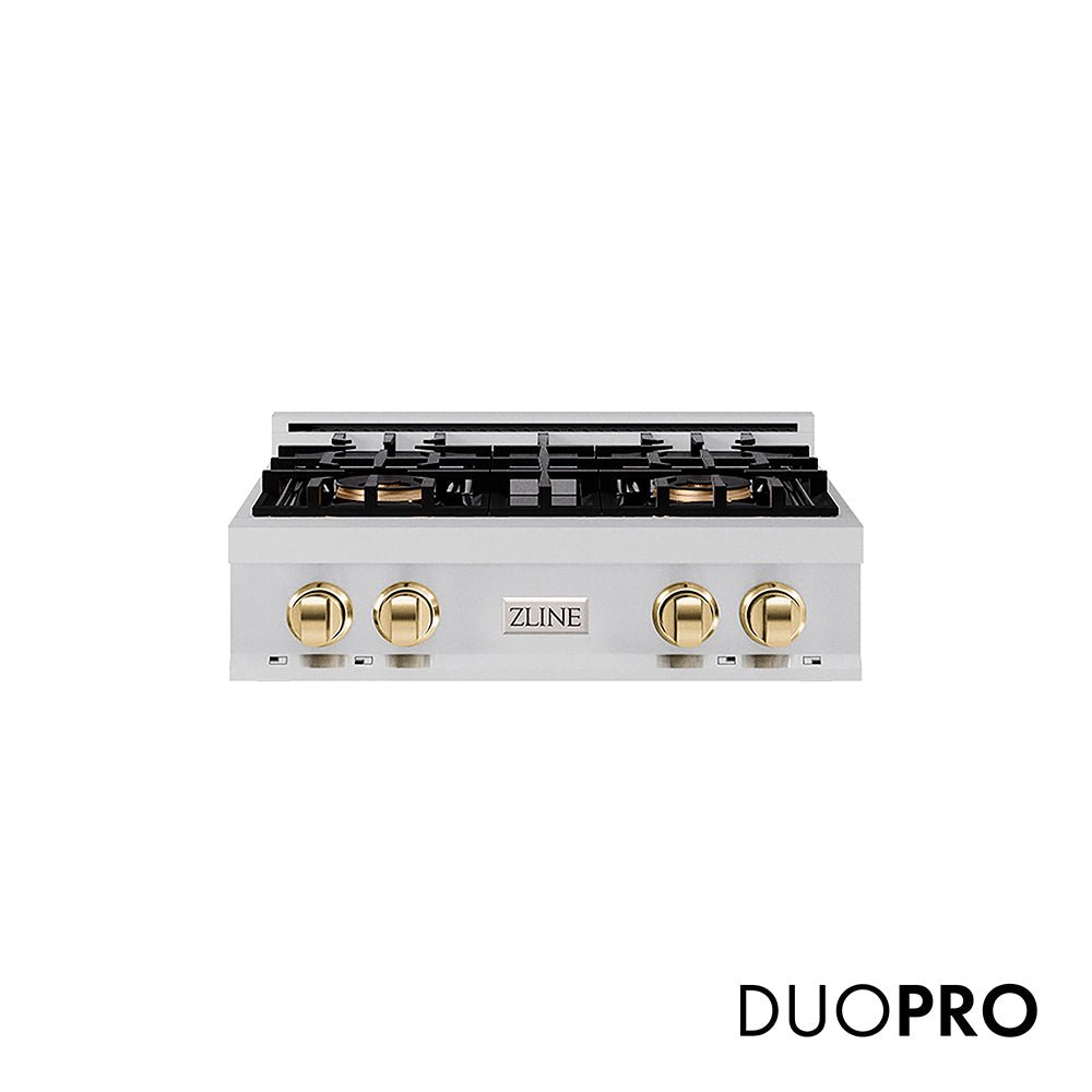 ZLINE Autograph Edition 30 in. Classic Gas Rangetop with 4 Burner DuoProâ„¢ Cooktop in Stainless Steel and Polished Gold Accents (PCRTZ-30-G)