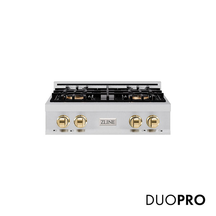 ZLINE Autograph Edition 30 in. Classic Gas Rangetop with 4 Burner DuoProâ„¢ Cooktop in Stainless Steel and Polished Gold Accents (PCRTZ-30-G)