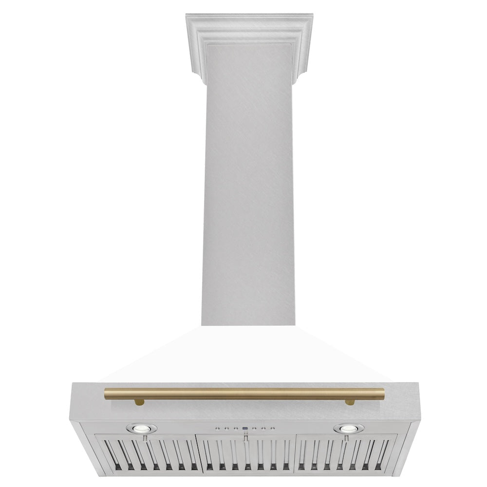 ZLINE Autograph Edition 30 in. Convertible Satin Stainless Steel Wall Mount Range Hood with White Matte Shell and Champagne Bronze Handle (KB4SNZ-WM30-CB)