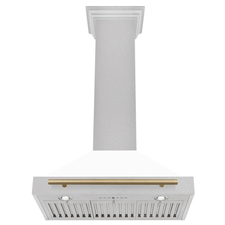 ZLINE Autograph Edition 30 in. Convertible Satin Stainless Steel Wall Mount Range Hood with White Matte Shell and Champagne Bronze Handle (KB4SNZ-WM30-CB)