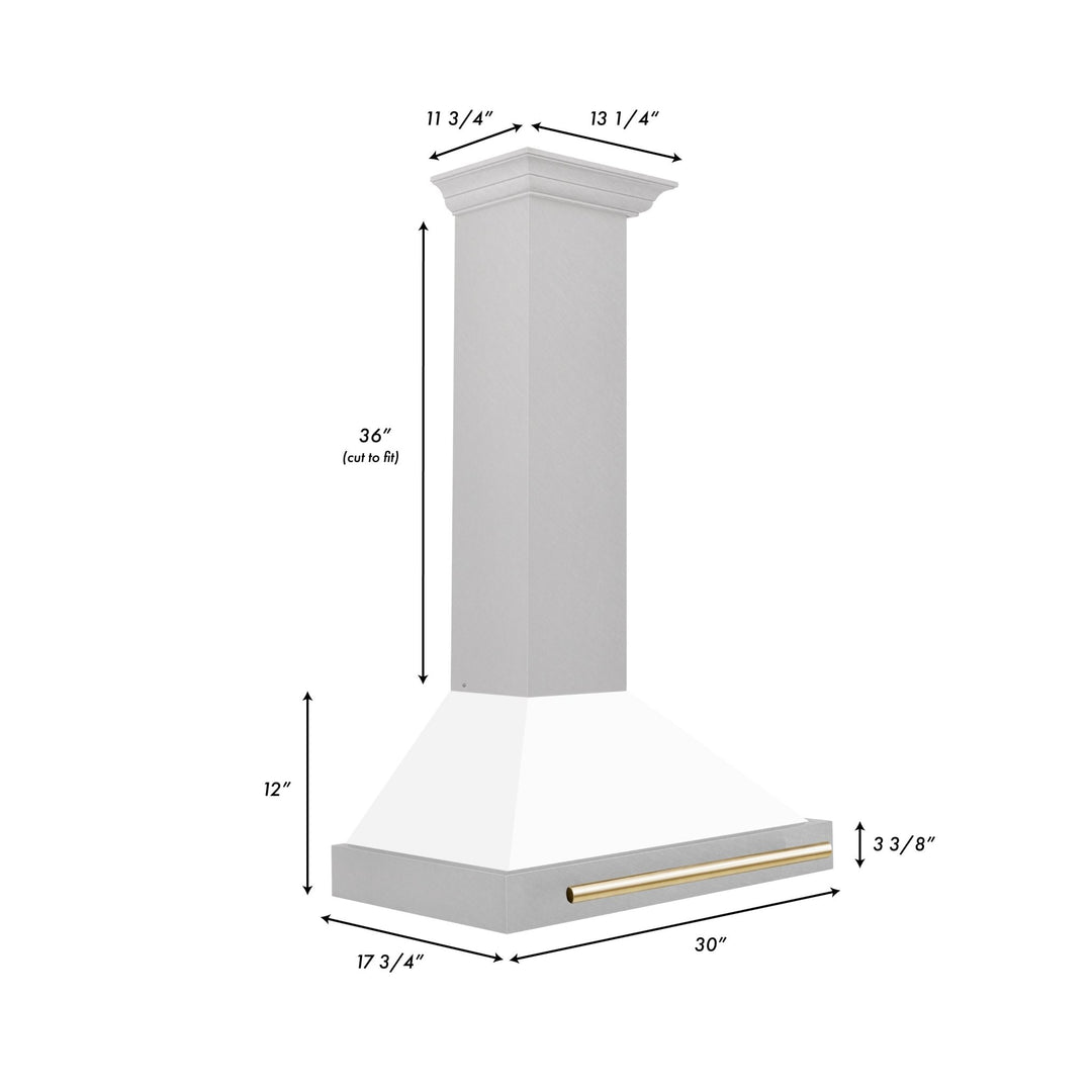 ZLINE Autograph Edition 30 in. Convertible Satin Stainless Steel Wall Mount Range Hood with White Matte Shell and Polished Gold Handle (KB4SNZ-WM30-G)