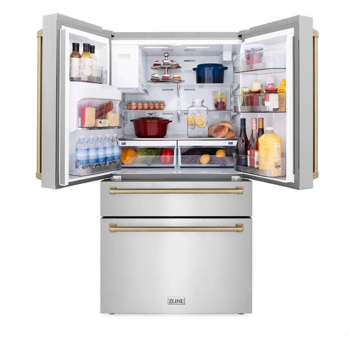 ZLINE Autograph Edition 30 in. Kitchen Package with Stainless Steel Dual Fuel Range, Range Hood, Dishwasher, and Refrigerator with External Water Dispenser with Champagne Bronze Accents (4AKPR-RARHDWM30-CB)