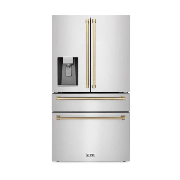 ZLINE Autograph Edition 30 in. Kitchen Package with Stainless Steel Dual Fuel Range, Range Hood, Dishwasher, and Refrigerator with External Water Dispenser with Champagne Bronze Accents (4AKPR-RARHDWM30-CB)