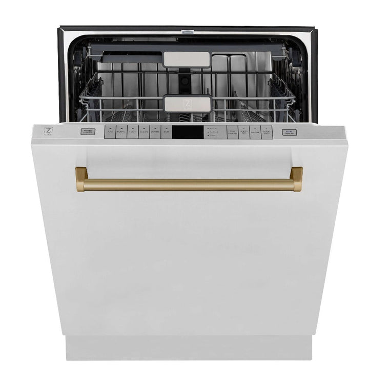 ZLINE Autograph Edition 30 in. Kitchen Package with Stainless Steel Dual Fuel Range, Range Hood, Dishwasher, and Refrigerator with External Water Dispenser with Champagne Bronze Accents (4AKPR-RARHDWM30-CB)
