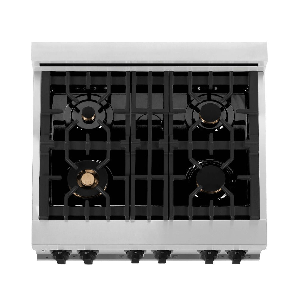 ZLINE Autograph Edition 30 in. Kitchen Package with Stainless Steel Dual Fuel Range, Range Hood, Dishwasher, and Refrigerator with External Water Dispenser with Matte Black Accents (4AKPR-RARHDWM30-MB)