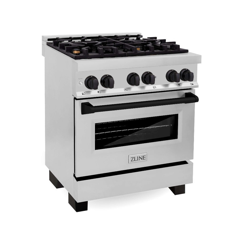 ZLINE Autograph Edition 30 in. Kitchen Package with Stainless Steel Dual Fuel Range, Range Hood, Dishwasher, and Refrigerator with External Water Dispenser with Matte Black Accents (4AKPR-RARHDWM30-MB)