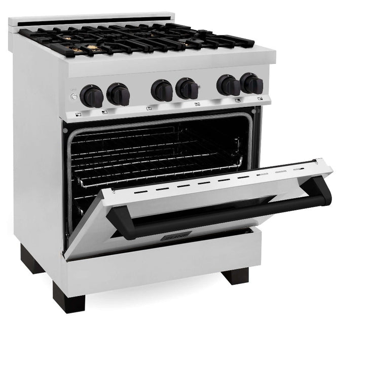 ZLINE Autograph Edition 30 in. Kitchen Package with Stainless Steel Dual Fuel Range, Range Hood, Dishwasher, and Refrigerator with External Water Dispenser with Matte Black Accents (4AKPR-RARHDWM30-MB)