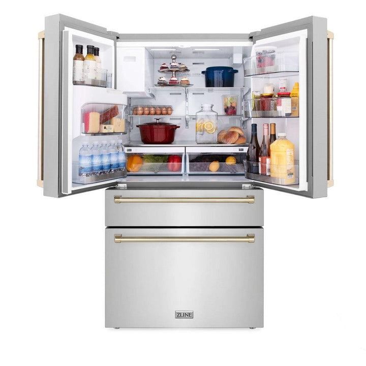 ZLINE Autograph Edition 30 in. Kitchen Package with Stainless Steel Dual Fuel Range, Range Hood, Dishwasher, and Refrigerator with External Water Dispenser with Polished Gold Accents (4AKPR-RARHDWM30-G)