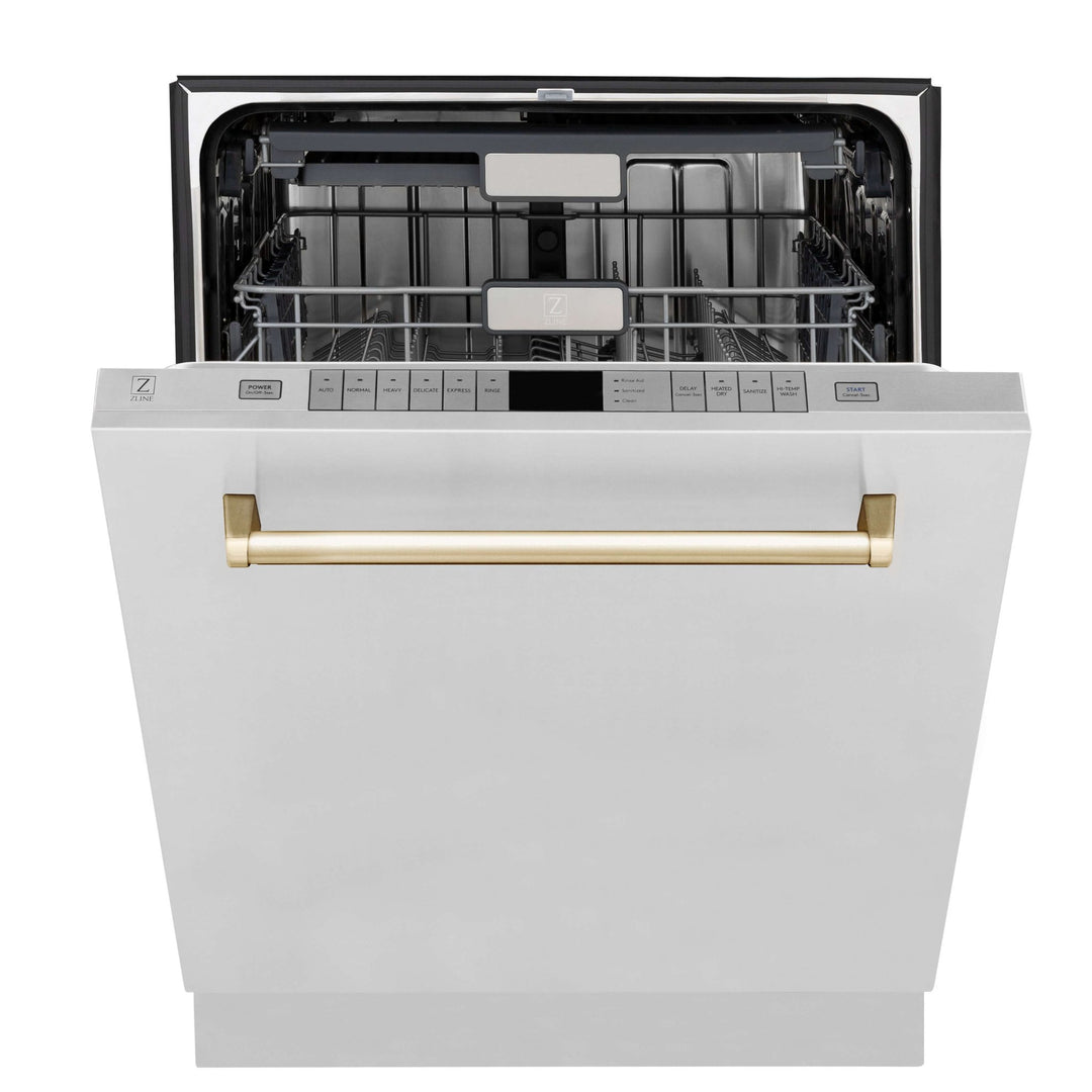 ZLINE Autograph Edition 30 in. Kitchen Package with Stainless Steel Dual Fuel Range, Range Hood, Dishwasher, and Refrigerator with External Water Dispenser with Polished Gold Accents (4AKPR-RARHDWM30-G)