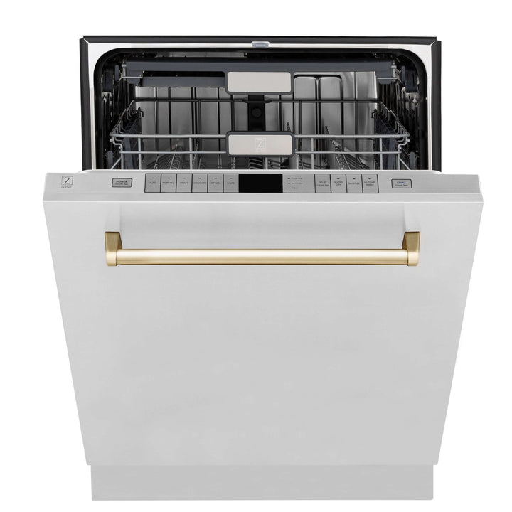 ZLINE Autograph Edition 30 in. Kitchen Package with Stainless Steel Dual Fuel Range, Range Hood, Dishwasher, and Refrigerator with External Water Dispenser with Polished Gold Accents (4AKPR-RARHDWM30-G)