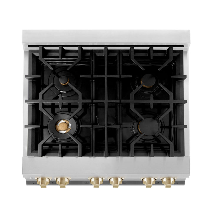 ZLINE Autograph Edition 30 in. Kitchen Package with Stainless Steel Dual Fuel Range, Range Hood, Dishwasher, and Refrigerator with External Water Dispenser with Polished Gold Accents (4AKPR-RARHDWM30-G)