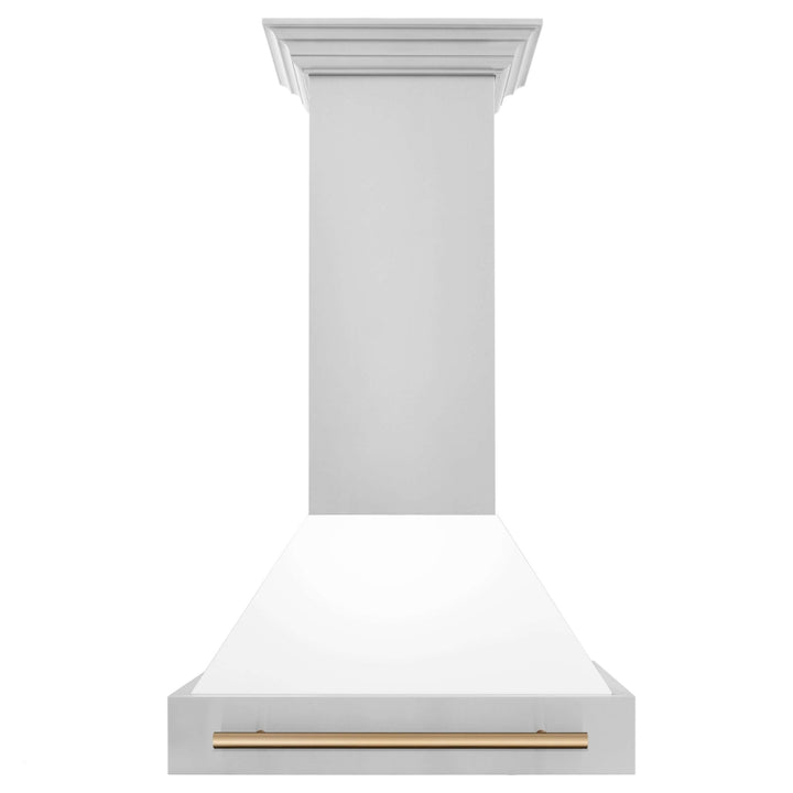 ZLINE Autograph Edition 30 in. Kitchen Package with Stainless Steel Dual Fuel Range with White Matte Door and Range Hood with Champagne Bronze Accents (2AKP-RAWMRH30-CB)