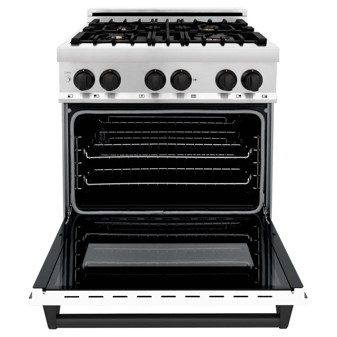 ZLINE Autograph Edition 30 in. Kitchen Package with Stainless Steel Dual Fuel Range with White Matte Door and Range Hood with Matte Black Accents (2AKP-RAWMRH30-MB)